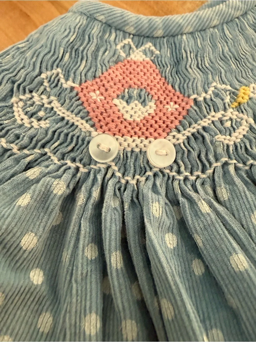 Amanda Remembered 18M Hand Smocked Cinderella Corduroy Dress Blue Polka Dot